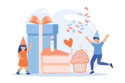 Children birthday party. People celebrating anniversary. Kids in festive birthday caps dancing and having fun. Decoration, present, confetti.  flat vector modern illustration