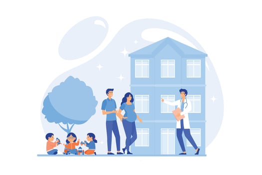 Family phisician with husband, pregnant wife and playing children. Family doctor, medical family practice, primary healthcare care concept. flat vector modern illustration