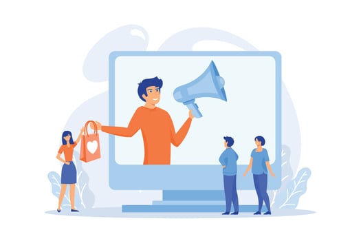 Bonus program, discounts and gifts, advertising campaign. Offer for buyers, merchandise promotion. Promoter with megaphone cartoon character.  flat vector modern illustration