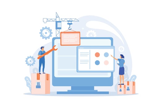 It professionals are creating web site on the laptop screen. Website development or web application, coding, designing for web browsers concept. flat vector modern illustration
