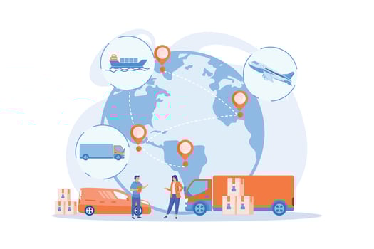 Internet store goods international shipment. Global transportation system, worldwide logistics and distribution, worldwide delivery service concept. vector