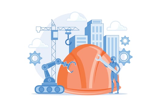 Robot with wrench and robotic arm at construction site. Robotics construction, digital construction platform, additive manufacturing concept. vector