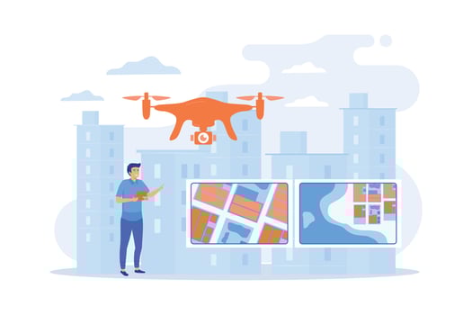 Drone, quadcopter operator, pilot making photos. UAV with camera. Aerial photography, air survey services, drone photo of your event concept. flat vector modern illustration