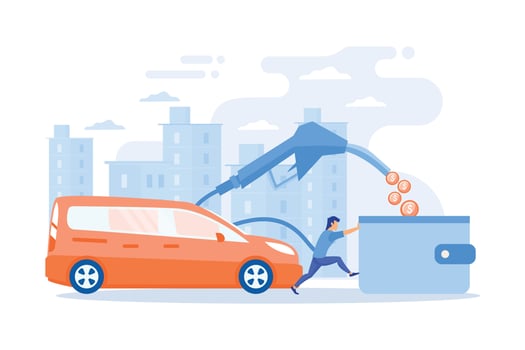 People loosing money by using gas fuel cars. Gas mileage, fuel saving and efficient green eco friendly engine technology concept.  flat vector modern illustration