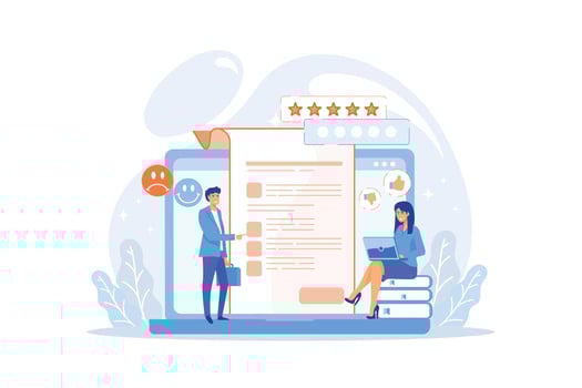 Clients review flat vector illustration. Customer experience, survey form, website rating concept. Social media networks feedbacks and ranking.flat vector modern illustration