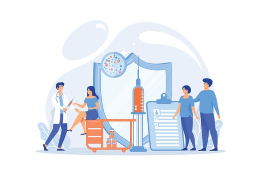 Woman getting flu shot. Contagious disease prevention. Vaccination of adults, adult immunization schedule, vaccine preventable diseases concept.  flat vector modern illustration