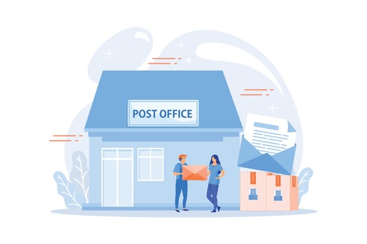 Documents, letters express courier delivering. Postal services. Post office services, post delivery agent, post office card accounts concept. flat vector modern illustration