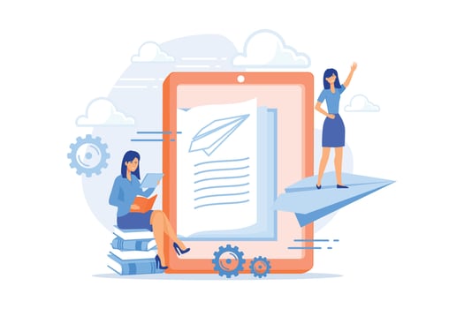 User with book and tablet watching himself flying on paper plane in augmented reality. Virtual reality learning technology, enertainment app concept.flat vector modern illustration