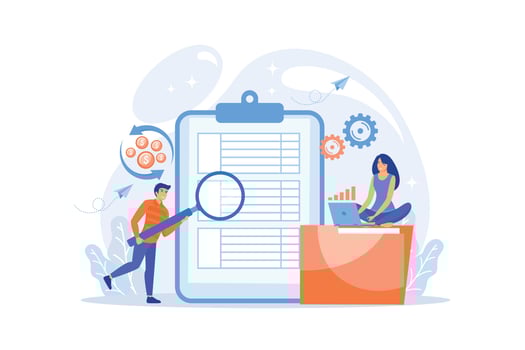 Financial analyst with magnifier looking at cash flow statement on clipboard. Cash flow statement, cash flow management, financial plan concept.flat vector modern illustration