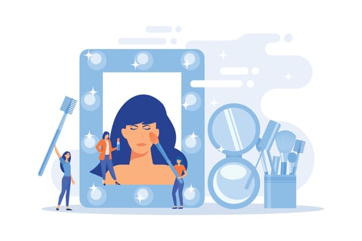 Specialists providing cosmetic treatment for woman face and hair. Beauty salon, beauty parlor, professional cosmetic treatments concept.flat vector modern illustration
