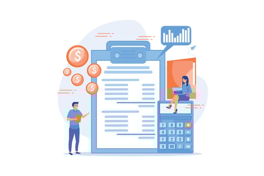 Financial analysts doing income statement with calculator and laptop. Income statement, company financial statement, balance sheet concept.flat vector modern illustration