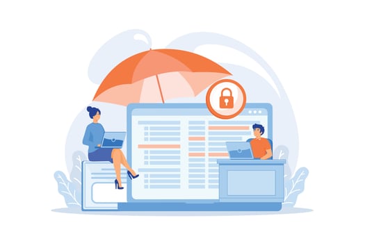 Business people work with laptops protected from internet-based risks. Cyber insurance, cyber-insurance market, cybercrime risk protection concept. flat vector modern illustration