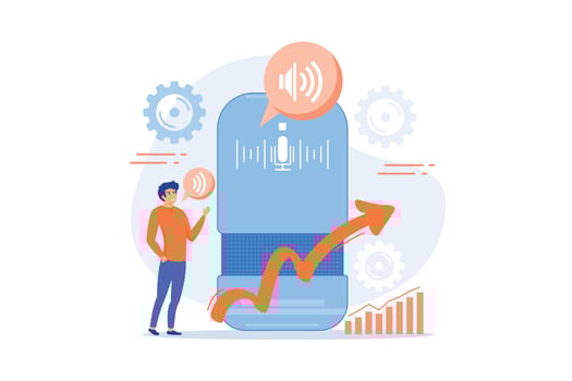 Voice controlled smart speaker and user talking. Smart home office main controlling hub, IoT technology and voice controlled digital devices concept. flat vector modern illustration
