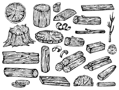 Wood set. Planks and logs, lumber and Cuts, Firewood in vintage style. Pieces of Tree. Vector illusion for signboard, labels, logo or banner. Campfire material. Engraved Hand drawn sketch.