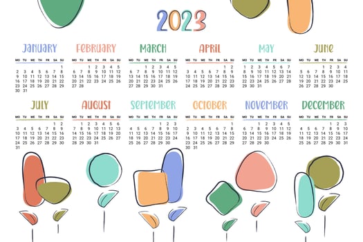 Calendar 2023. Horizontal modern monthly planner with abstract flowers, plants. Week starts on Monday. Organizer template with cover in size A4 A3 A2 A5.Vector flat illustration for print vector