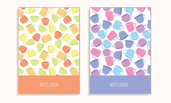 Cover kitchen notebook for receipts with many different cups. Hand draw vector illustration.