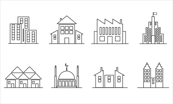 Icon set, building, factory, mosque, tall building, house, back to school vector