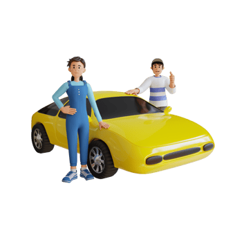 young man and girl standing next to yellow car 3d character illustration png
