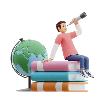 young man sitting on a pile of big books while looking through binoculars 3d character illustration png