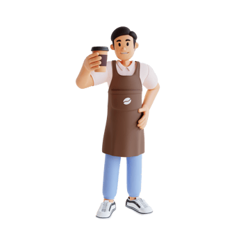 male barista standing while holding a cup of coffee 3d character illustration png