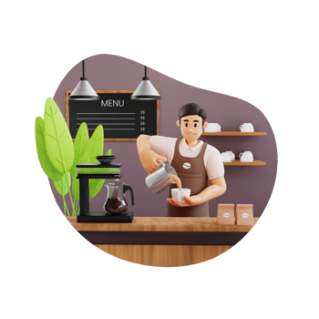 male barista pouring coffee in coffee cup for making latte 3d character illustration png