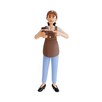 female barista pointing at her cup of coffee 3d character illustration png