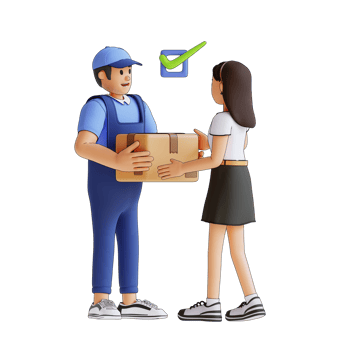 young girl receiving an order box from a courier 3d character illustration png