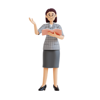 female teacher reading material from a book while standing 3d character illustration png
