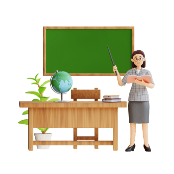 female teacher is teaching in a class using a blackboard 3d character illustration png