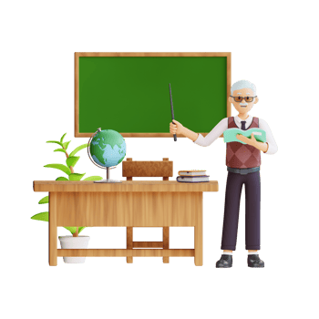 senior teacher is teaching in a class using a blackboard 3d character illustration png