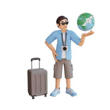 male tourist with suitcase and globe 3d character illustration png
