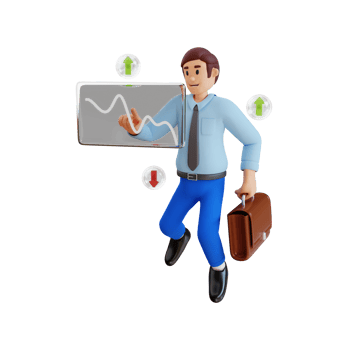 businessman analyzing data and economic growth graph on tablet and hologram screen 3d character illustration png