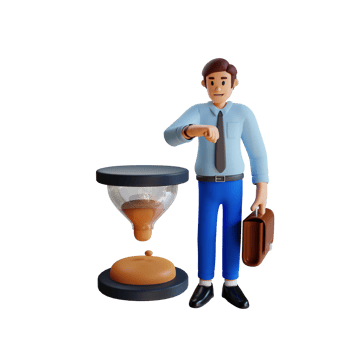 business man looking at watch with big hourglass 3d character illustration png