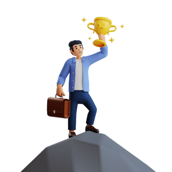 businessman on top of rock holding golden trophy 3d character illustration png