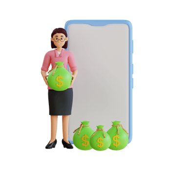 bank employee holding sack of money with big cell phone 3d character illustration png
