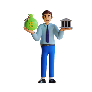 businessman holding miniature bank and sack of money in the hand 3d character illustration png