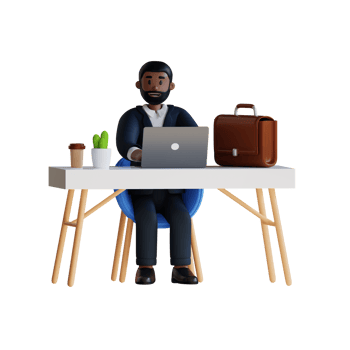 businessman sitting in workspace with laptop and briefcase 3d character illustration png