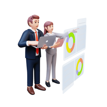 businessman and businesswoman analyzing economic growth chart on hologram screen 3d character illustration png