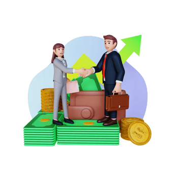businessman and businesswoman handshake on pile of money after finish agreement 3d character illustration png