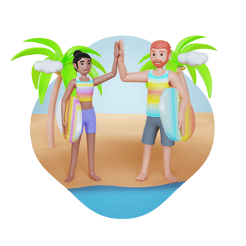 boy and girl couple with surfboards at beach doing high five 3d character illustration png