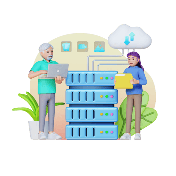 two people using digital device while standing near the server with big data, 3d character illustration png