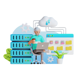middle aged man sitting and uploads data to cloud storage and server using laptop, 3d character illustration png