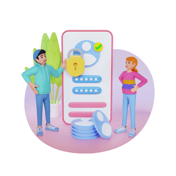Young man and girl protect his personal data in smartphone, 3d character illustration png