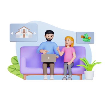 young family couple choosing new home online, search real estate to buy or rent, 3d character illustration png