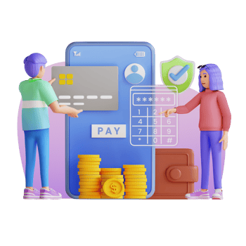 young man and girl pay with credit card with bank mobile app and smartphone, 3d character illustration png