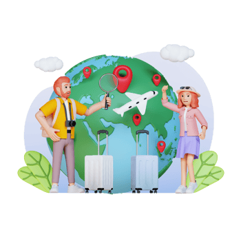 tourist couple with big globe holding magnifying glass looking for navigation map, 3d character illustration png