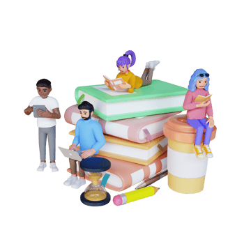 men and women sitting on stack of big books and reading, 3d character illustration png