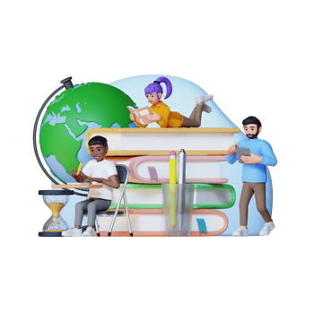 teenagers are sitting, reading on big pile of books using paper and digital books, tablet computers, 3d character illustration png