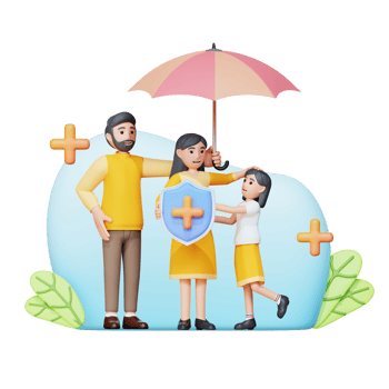 happy family with umbrella and insurance shield 3d character illustration png