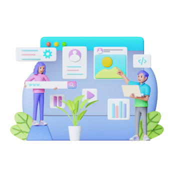 young men and women creating marketing content via web pages, 3d character illustration png